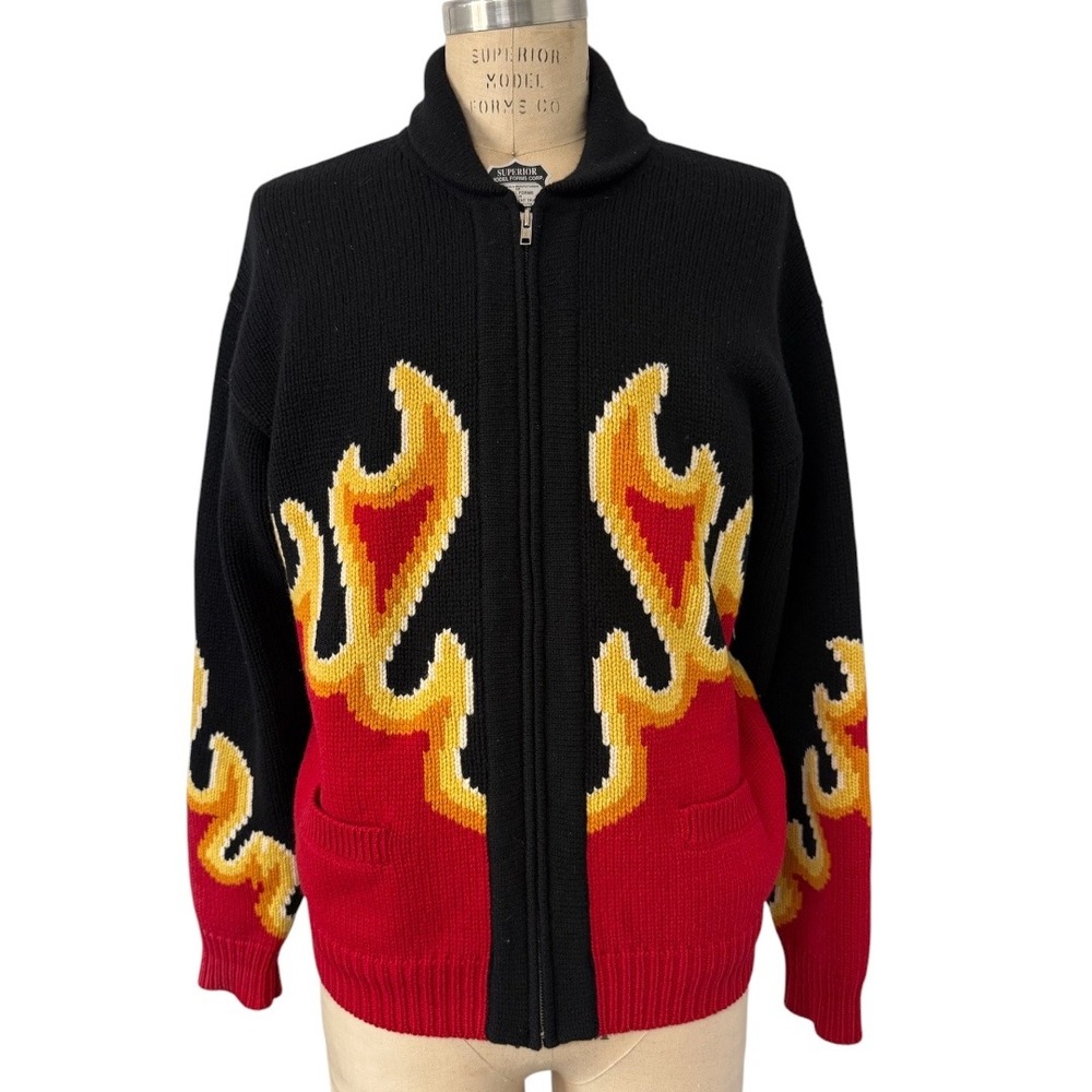 La Rocka! England Full Zip Flame Sweater Mens L Black Red Lambswool Cardigan